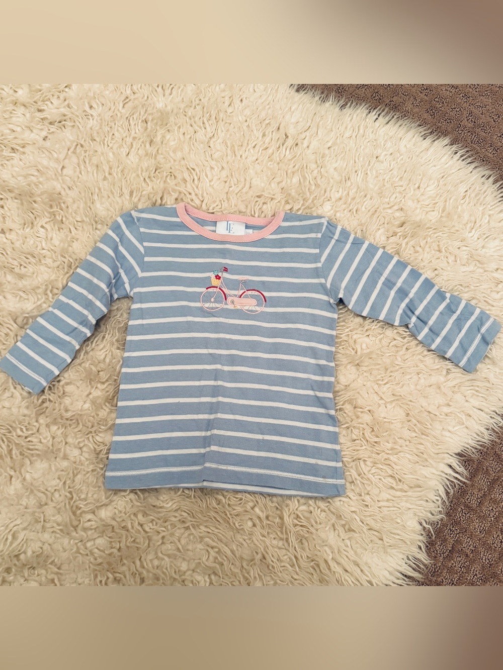 Girls' Light Blue Striped Long-Sleeve Top with Pink Trim and Bicycle